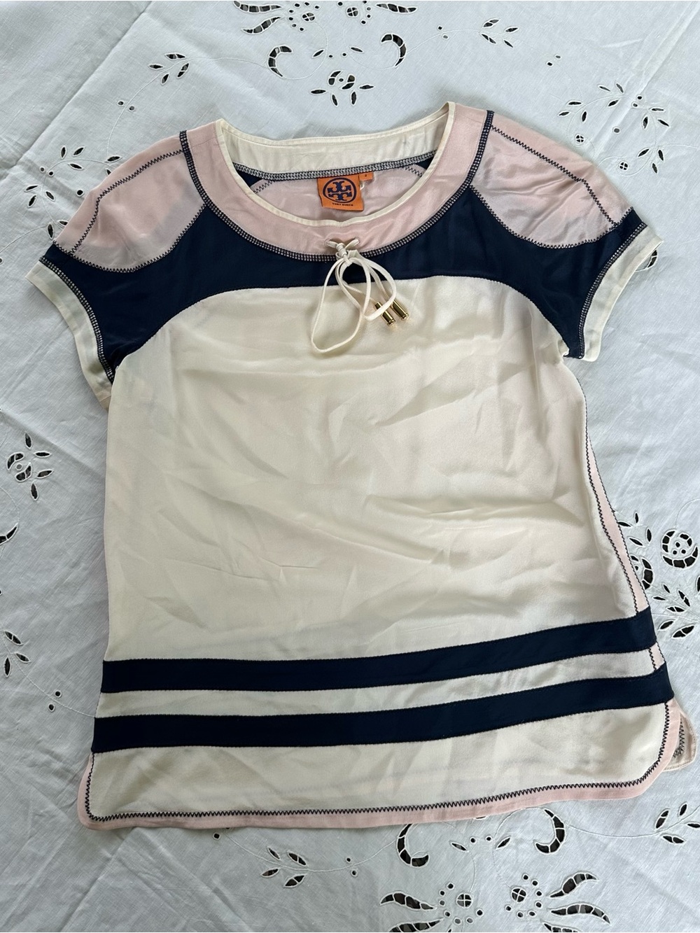 Tory Burch Silk Cream, Navy & Blush Colorblock Top